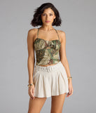 With its midriff cut and trend-forward fit, the Out Of Office Lace-Up Tropical Crop Top is a olive green crop top made to pair with skirts, denim, or whatever vibe you're feeling this season.