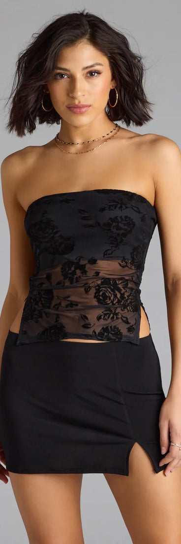 With its midriff cut and trend-forward fit, the Sultry Sheer Strapless Floral Crop Top is a black crop top made to pair with skirts, denim, or whatever vibe you're feeling this season.