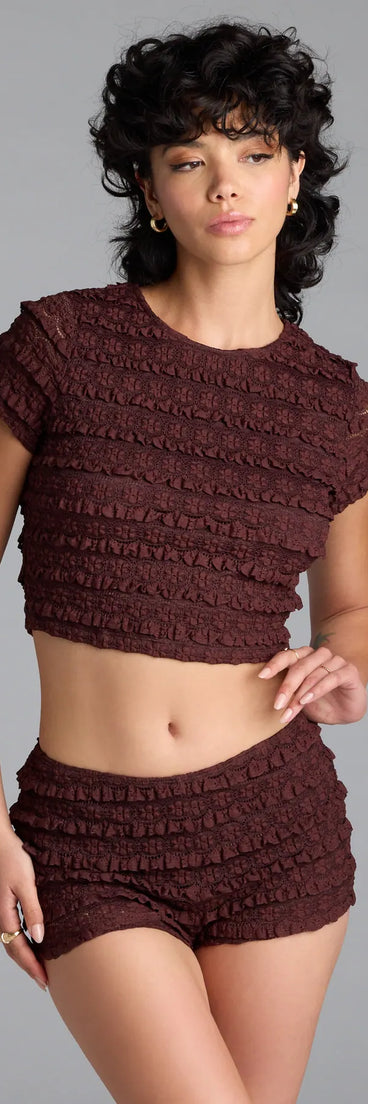 Serve effortless style and scroll-stopping energy in the Good At Being Bad Lace Crop Top, part of a brown matching clothing set that does the work for you with bold, polished vibes from top to bottom.