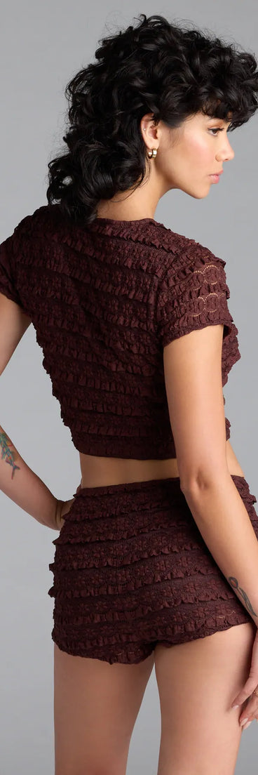 For college campus looks, game day outfits, or a bold going-out vibe, the Good At Being Bad Lace Crop Top is an on-trend brown crop top that easily styles with your favorite denim.