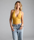 The Viva La Friday Halter Crop Top in mustard yellow brings edge and energy to your vibe, ready to elevate any festival look or concert outfit.