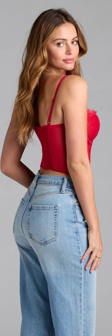 For college campus looks, game day outfits, or a bold going-out vibe, the Total Bombshell Lace Corset Top is an on-trend red crop top that easily styles with your favorite denim.