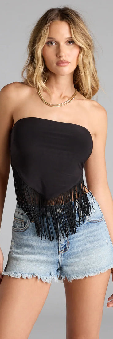 The Fringe Diva Strapless Crop Top in black brings edge and energy to your vibe, ready to elevate any festival look or concert outfit.