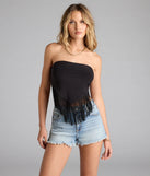 The Fringe Diva Strapless Crop Top in black brings edge and energy to your vibe, ready to elevate any festival look or concert outfit.