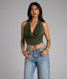 For college campus looks, game day outfits, or a bold going-out vibe, the Take The Plunge Sleeveless Halter Crop Top is an on-trend olive green crop top that easily styles with your favorite denim.