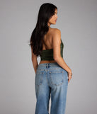 For college campus looks, game day outfits, or a bold going-out vibe, the Take The Plunge Sleeveless Halter Crop Top is an on-trend olive green crop top that easily styles with your favorite denim.