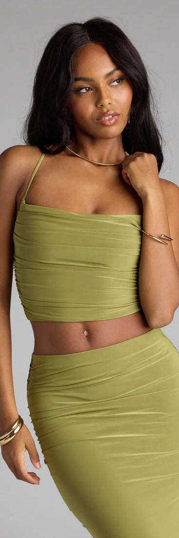 Look instantly put-together in the Always Happy Hour Cowl Neck Crop Top, part of a matching green clothing set designed for chic, no-fuss fall outfits.