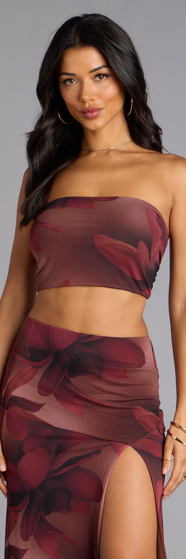 Trendy women’s tops, like the Blooming Allure Floral Mesh Cutout Tube Top, bring effortless style for fall layering, lounging, or going out.