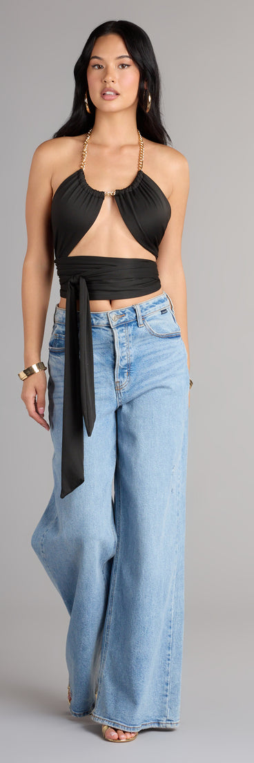 Trendy women’s tops, like the Chain Reaction Wrap Halter Top, bring effortless style for fall layering, lounging, or going out.