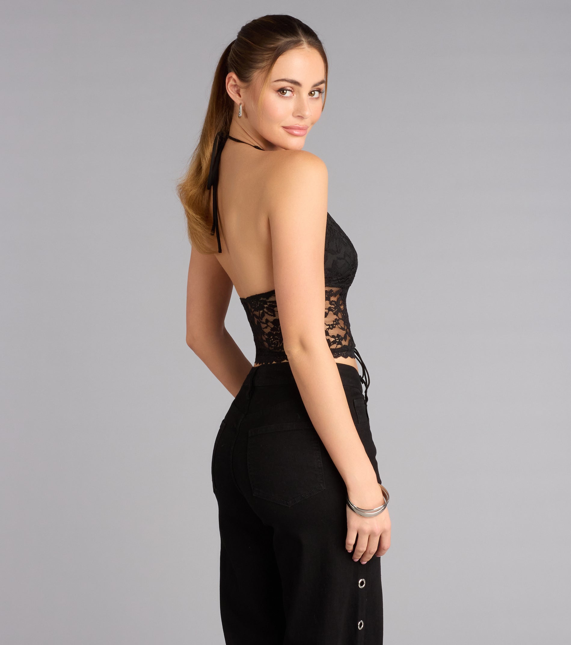 Midnight Desire Lace Up Halter Crop Top | Windsor