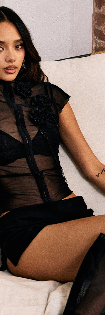 Midnight Bloom Mesh Rose Appliqué Top
