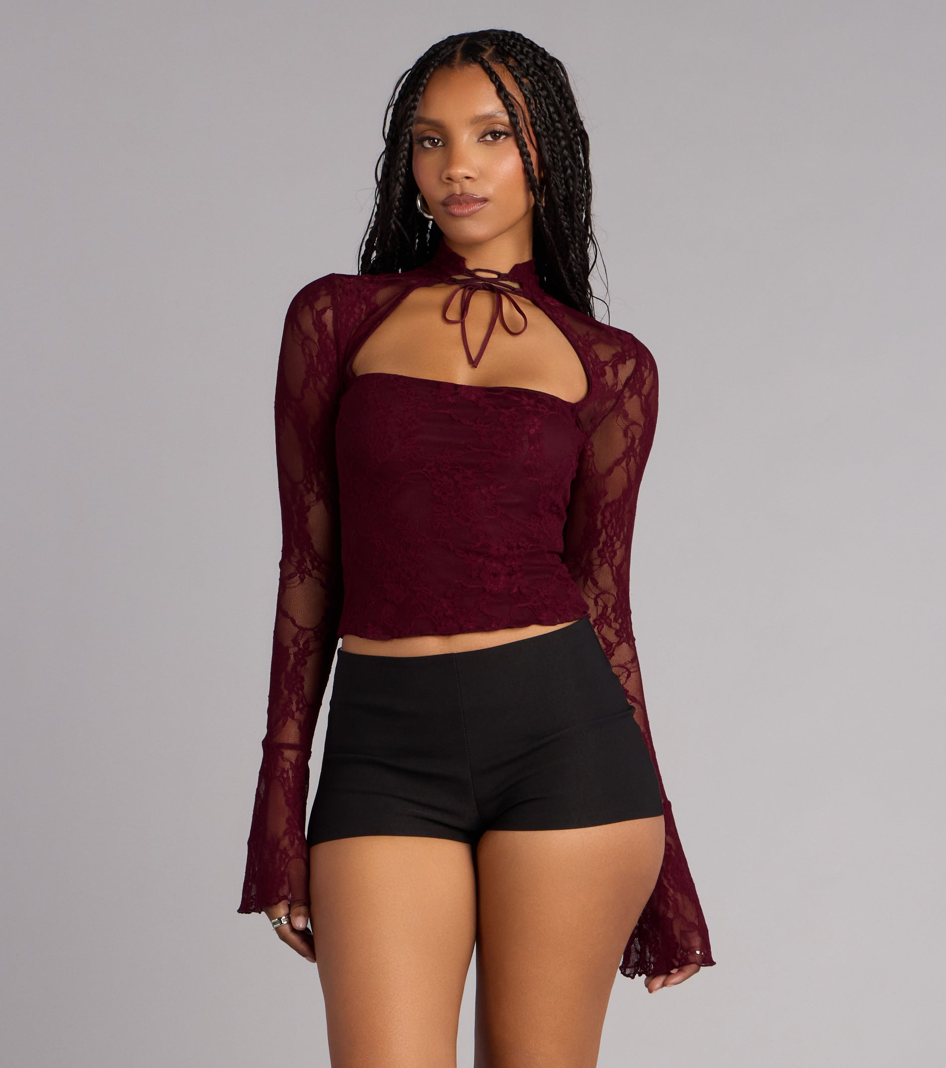 Polished Temptation Lace Long Sleeve Tie Top | Windsor