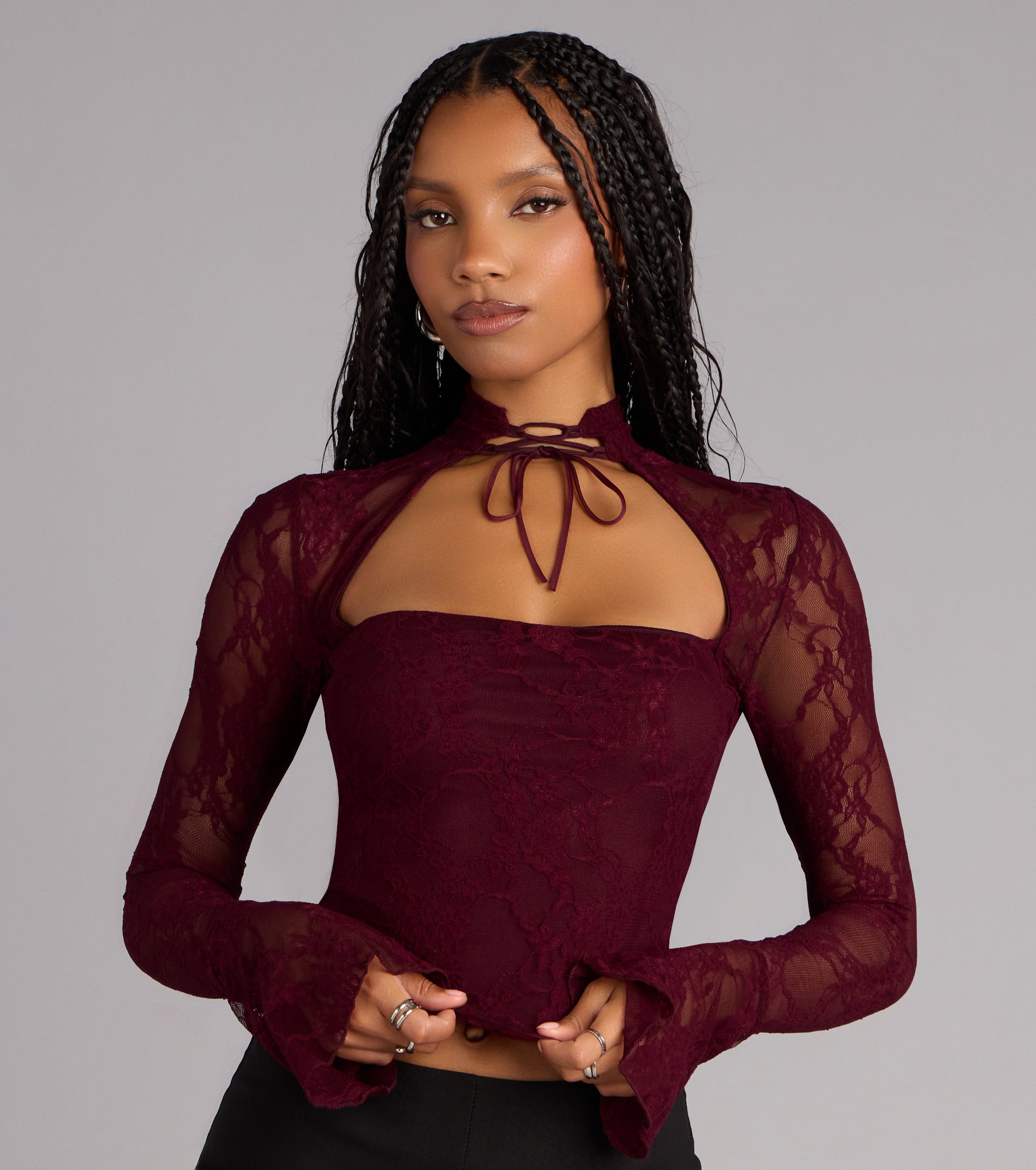 Polished Temptation Lace Long Sleeve Tie Top | Windsor