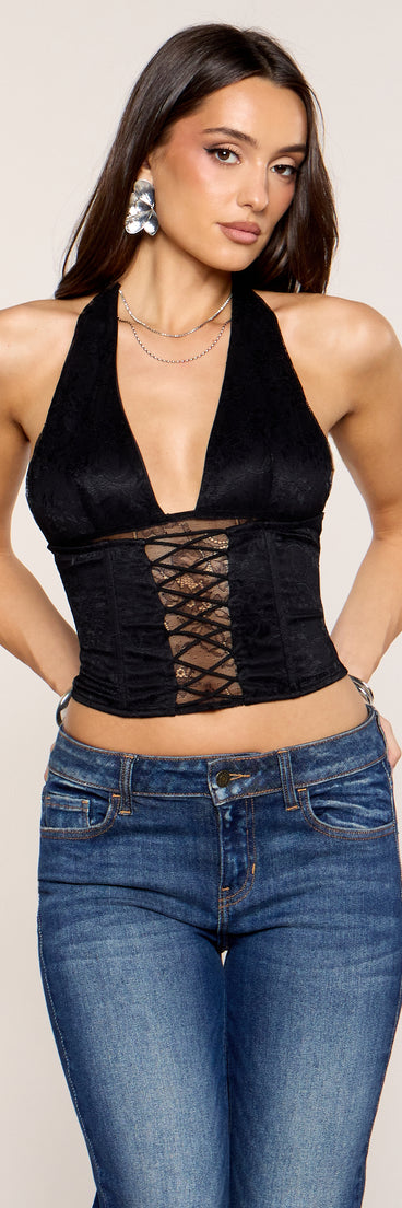 Reveal Lace Plunge Halter Bustier Crop Top