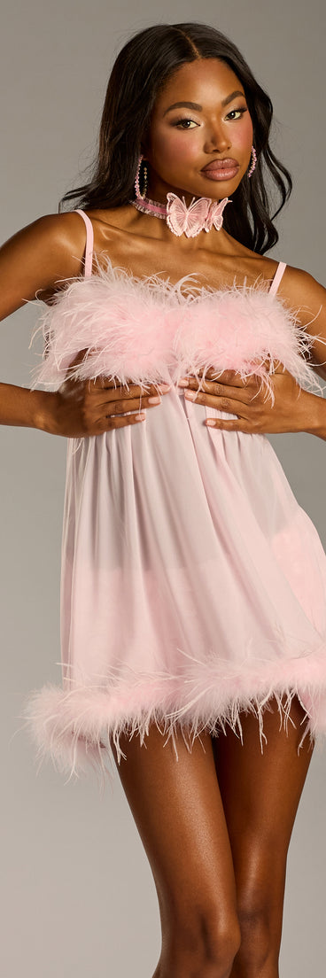 Feminine Flirt Feather Trim Babydoll Dress