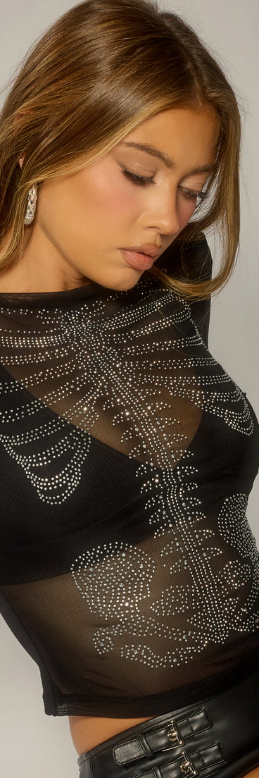 X-Ray Glam Skeleton Rhinestone Mesh Top