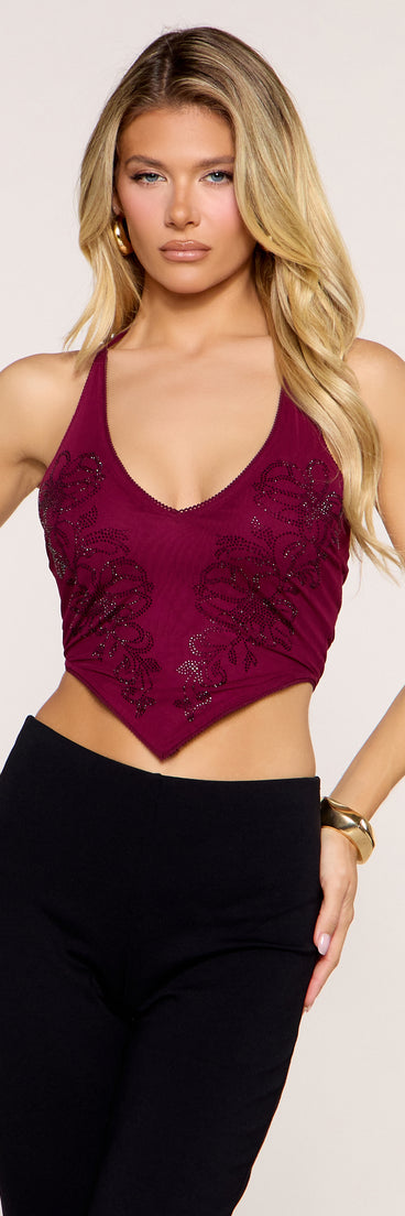 Back Talk Lace Up Back Rhinestone Halter Top
