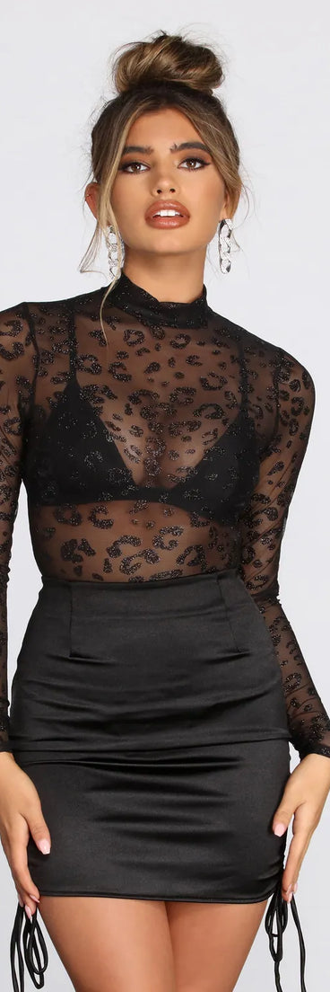 Leopard Print Glitter Mesh Bodysuit