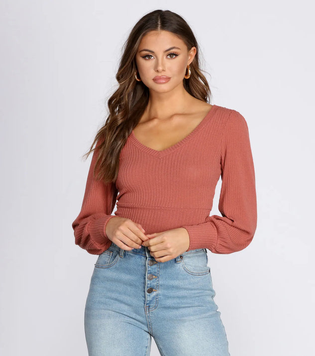 Brushed Ribbed Knit V-Neck