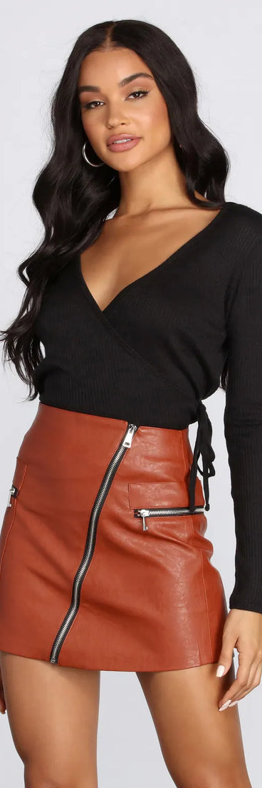Ribbed Knit Tie Front Wrap Top
