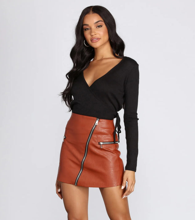 Ribbed Knit Tie Front Wrap Top