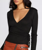 Ribbed Knit Tie Front Wrap Top