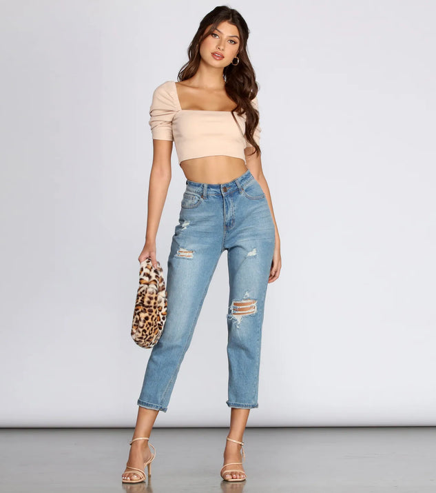 Ribbed Knit Puff Sleeve Crop Top