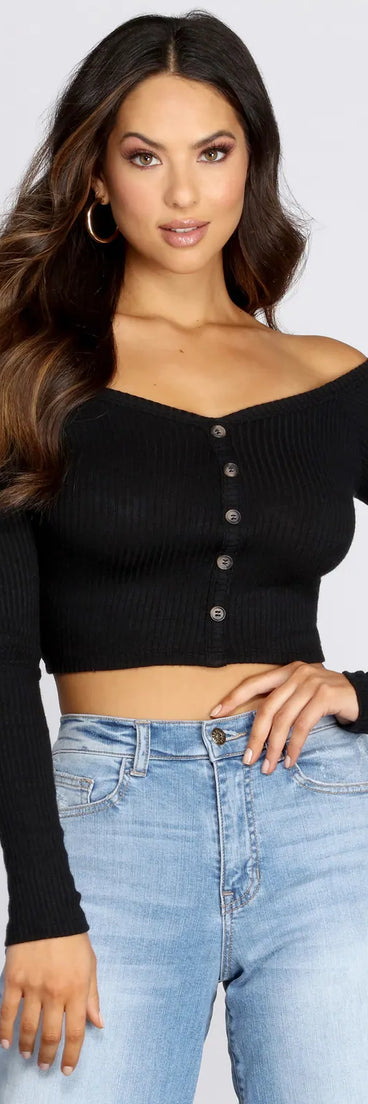 Button Detail Ribbed Knit Crop Top