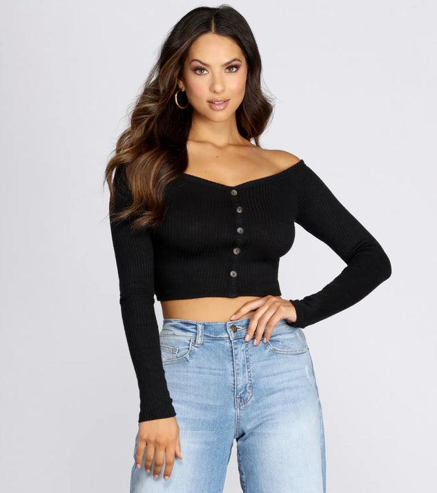 Button Detail Ribbed Knit Crop Top
