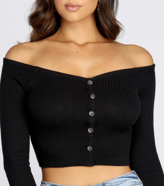 Button Detail Ribbed Knit Crop Top