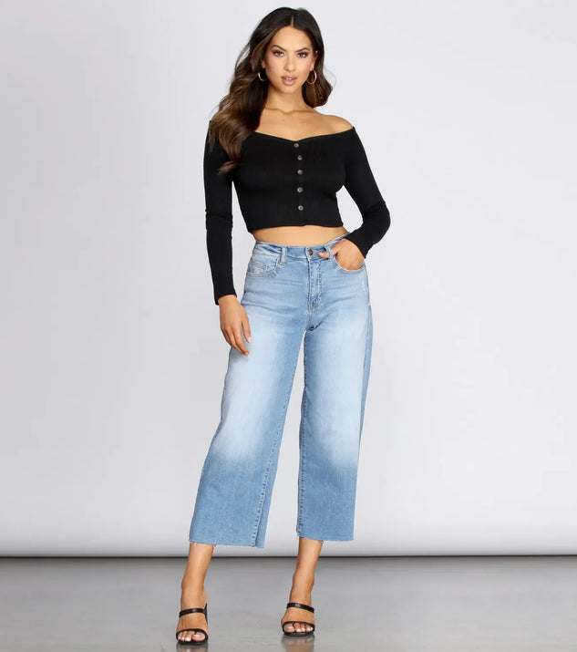 Button Detail Ribbed Knit Crop Top