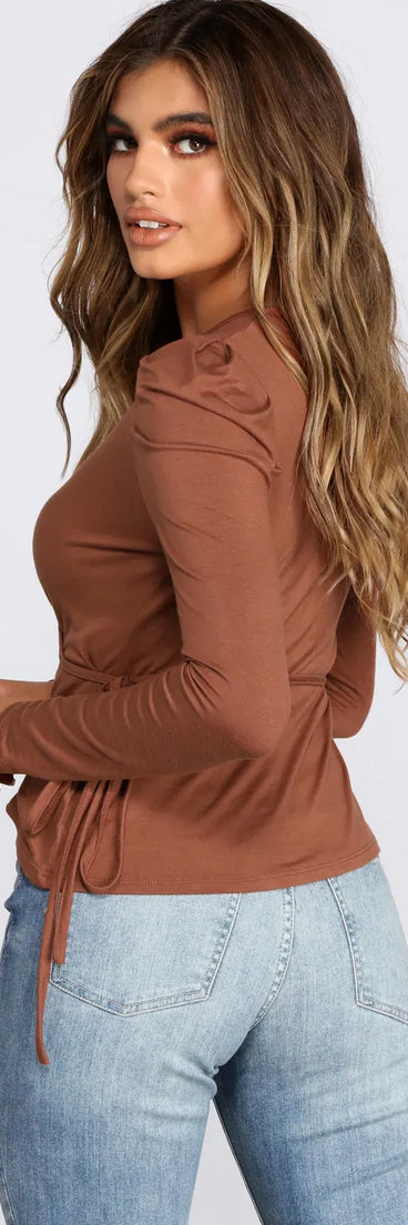 Ruched Shoulder Wrap Front Top
