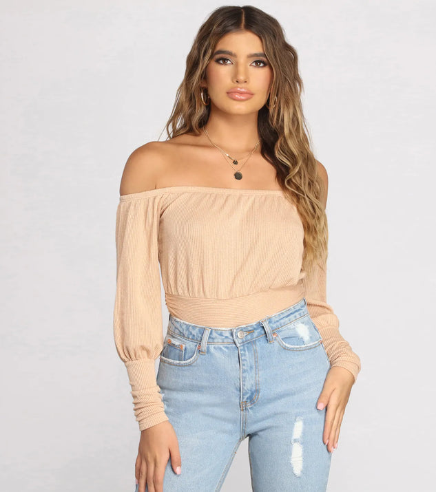 All About Knit Ribbed Off Shoulder Top