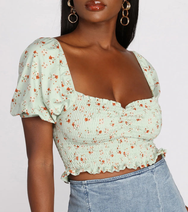 Ditsy Floral Puff Sleeve Crop Top