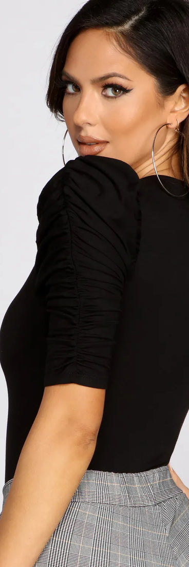 Ruched Puff Shoulder Bodysuit