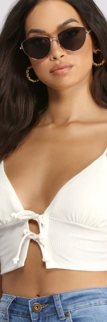 Double Row Tie Front Ribbed Crop Top