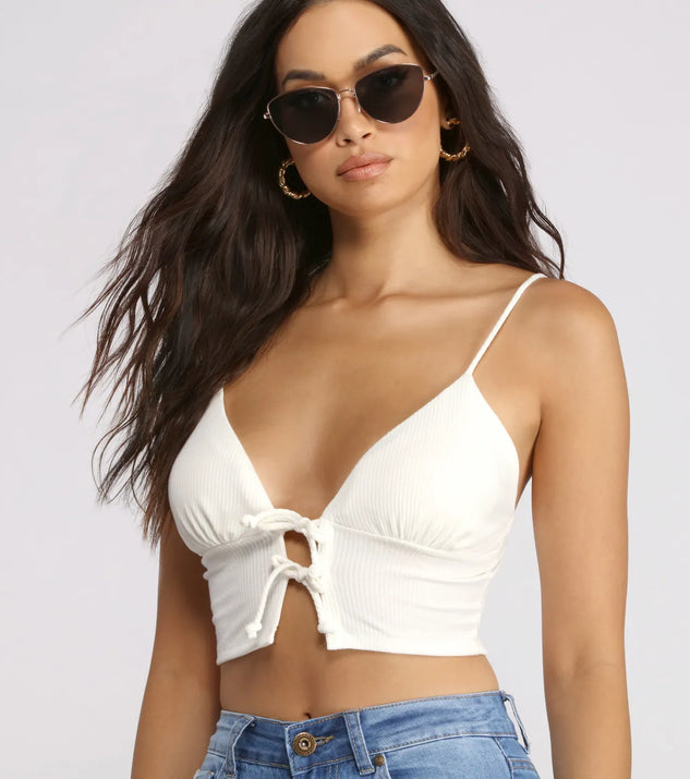 Double Row Tie Front Ribbed Crop Top