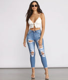 Double Row Tie Front Ribbed Crop Top
