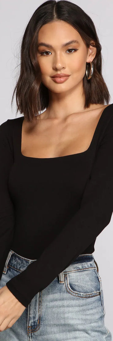 Square Neck Long Sleeve Knit Bodysuit
