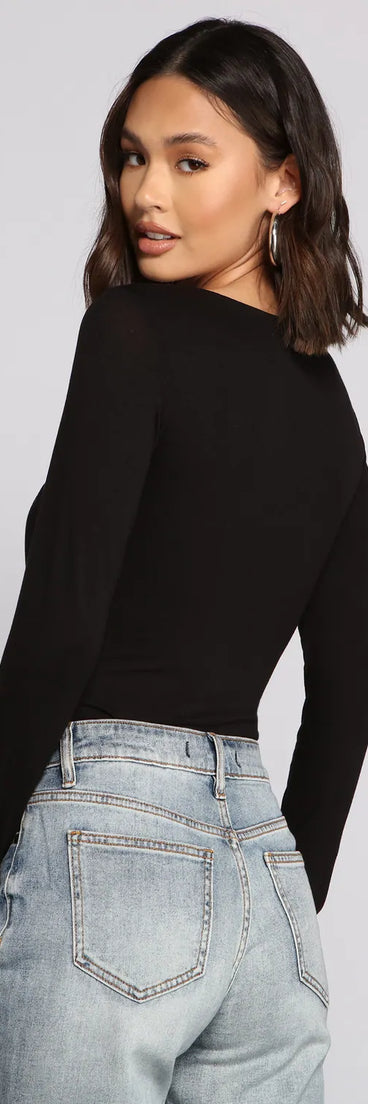 Square Neck Long Sleeve Knit Bodysuit