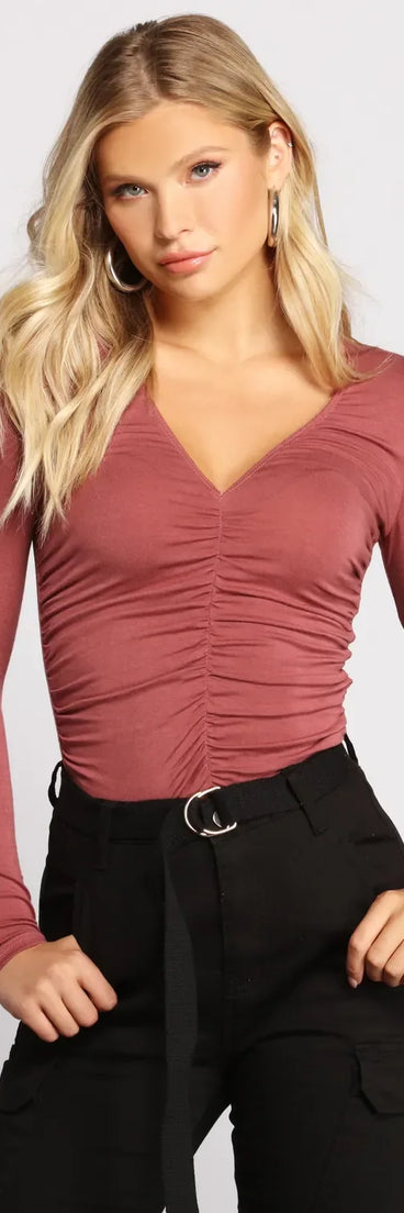 Ruched V Neck Jersey Knit Crop Top