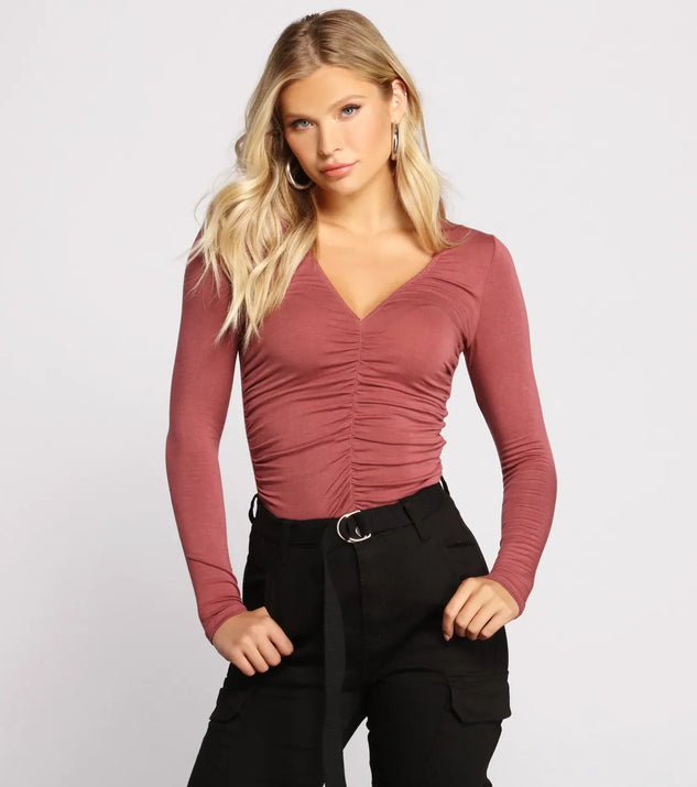 Ruched V Neck Jersey Knit Crop Top