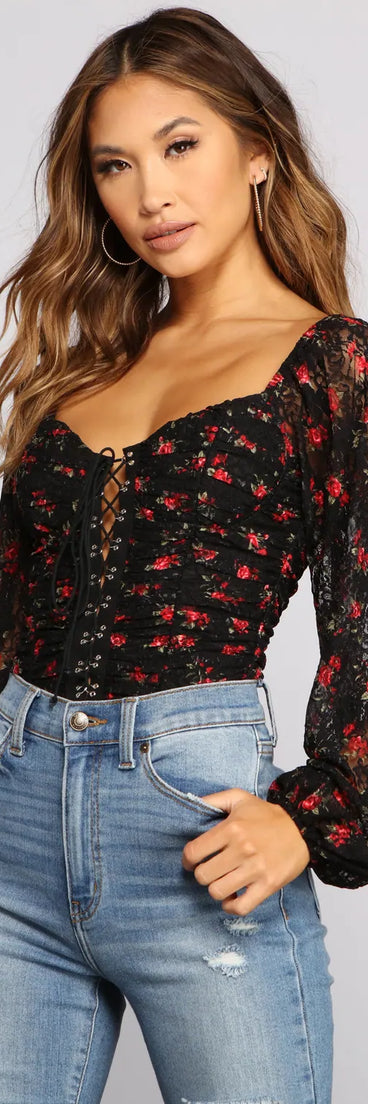 Floral Passion Lace-Up Bodysuit