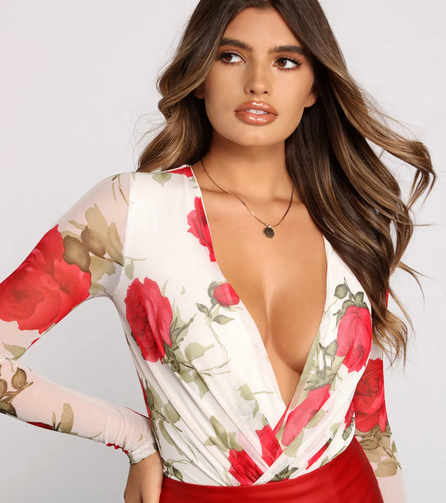 Floral Passion Surplice Mesh Bodysuit