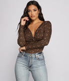 Greek Key Print Brushed Knit Bodysuit