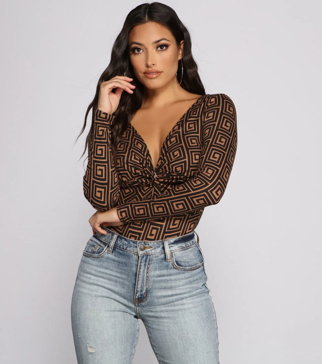 Greek Key Print Brushed Knit Bodysuit
