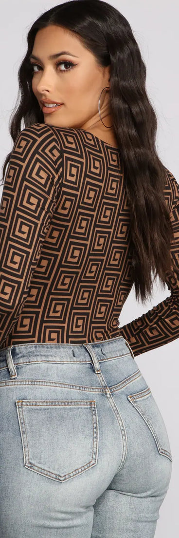 Greek Key Print Brushed Knit Bodysuit