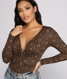 Greek Key Print Brushed Knit Bodysuit