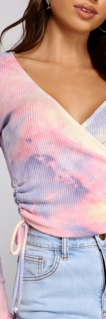 Tie Dye Ribbed Knit Drawstring Top