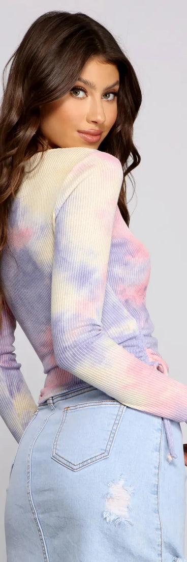 Tie Dye Ribbed Knit Drawstring Top